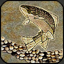 Mosaic fish leaping with natural river rock.